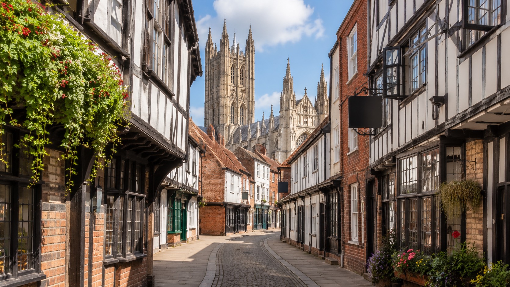 Historic Canterbury street with the cathedral beyond